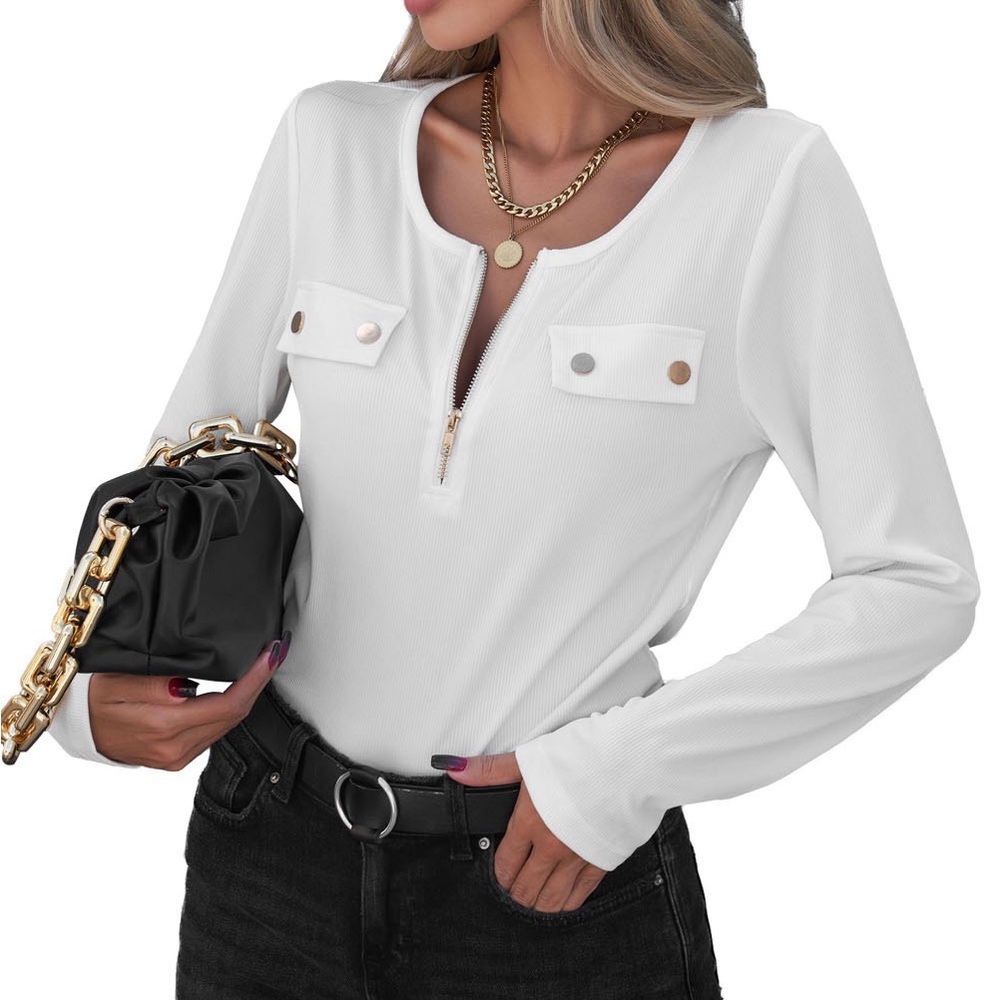 White Ribbed Zipper Long Sleeved Top